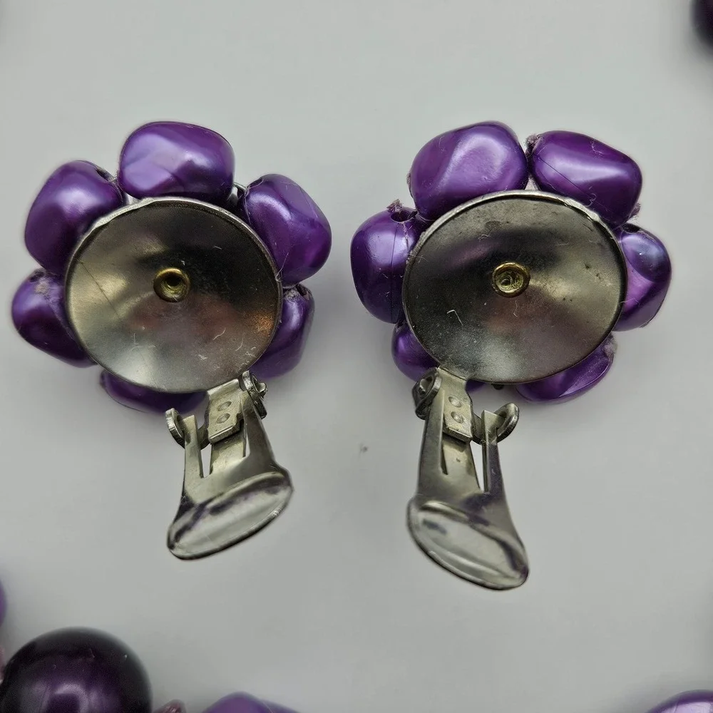 Vintage Purple Bead Double Strand Necklace and Clip On Earring Set Mid Century
